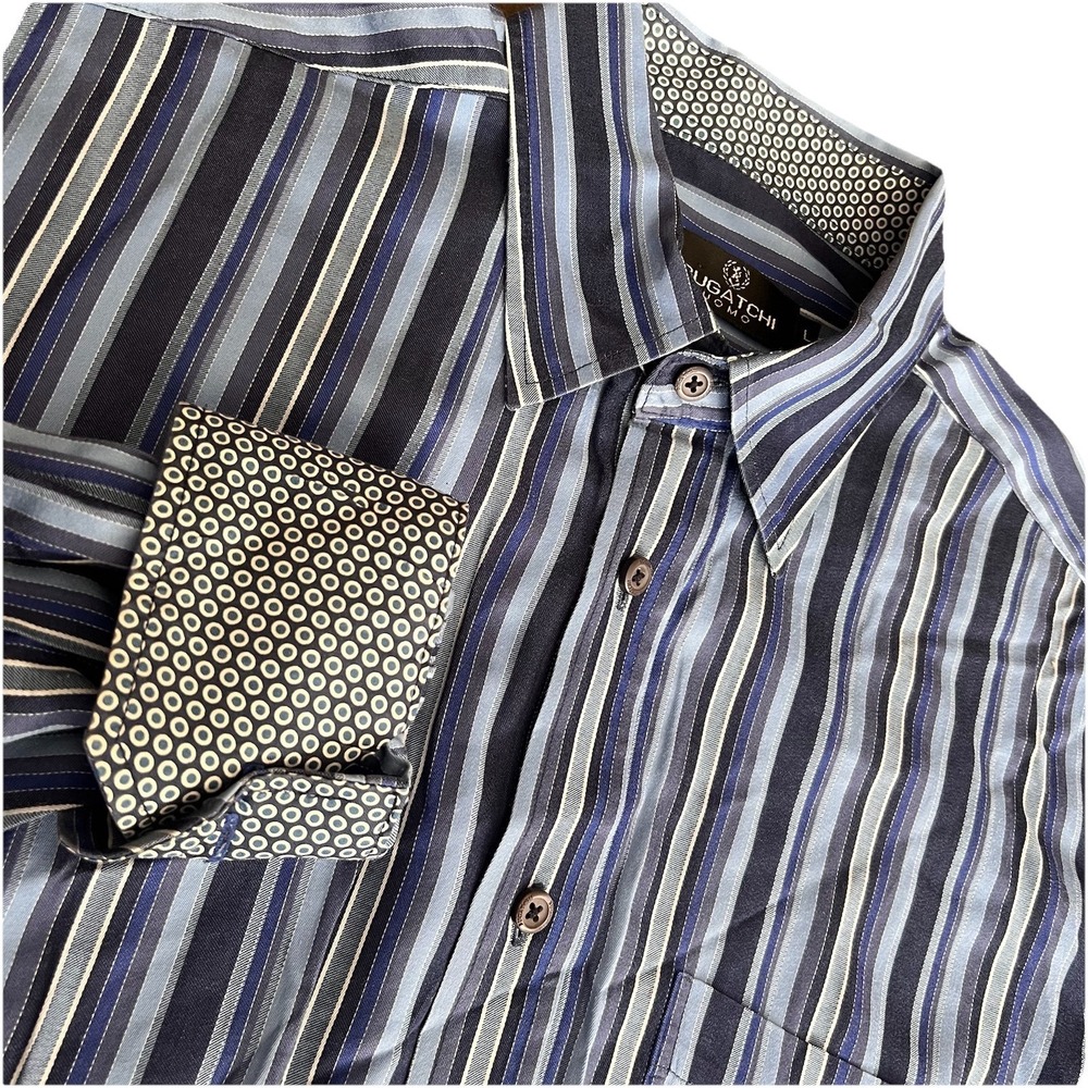 Bugatchi Uomo Flip Cuff Button Down Shirt Blue Stripes Mens L  Logo Polka‎ Dots